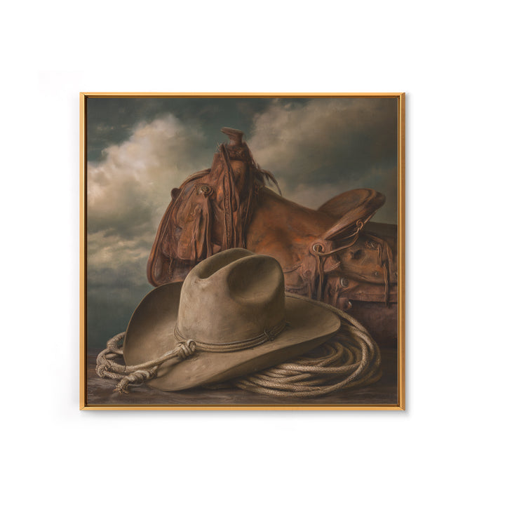 Cowgirl Hat and Reins Still Life Framed Canvas Print, Equestrian Art, Statement Artwork, Living Room Decor, Equestrian, EQU-1x1-83