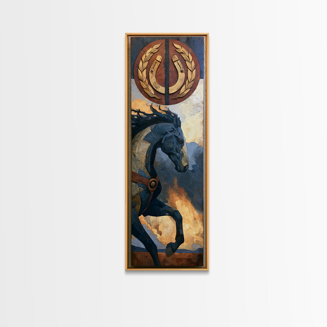 Equestrian Crest with Laurel and Horseshoe Canvas Print, Equestrian Art, Abstract Painting, Living Room Decor, Equestrian, EQU-1x3-10