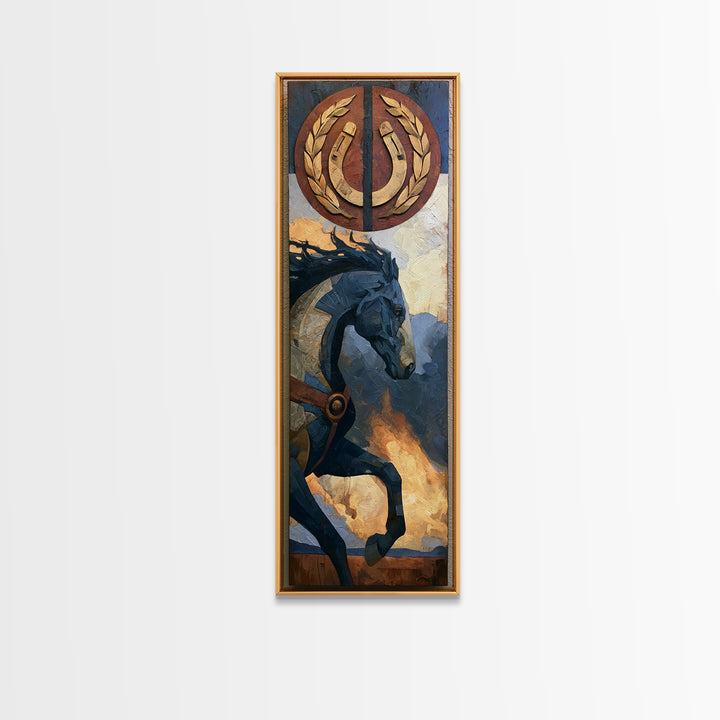 Equestrian Crest with Laurel and Horseshoe Canvas Print, Equestrian Art, Abstract Painting, Living Room Decor, Equestrian, EQU-1x3-10