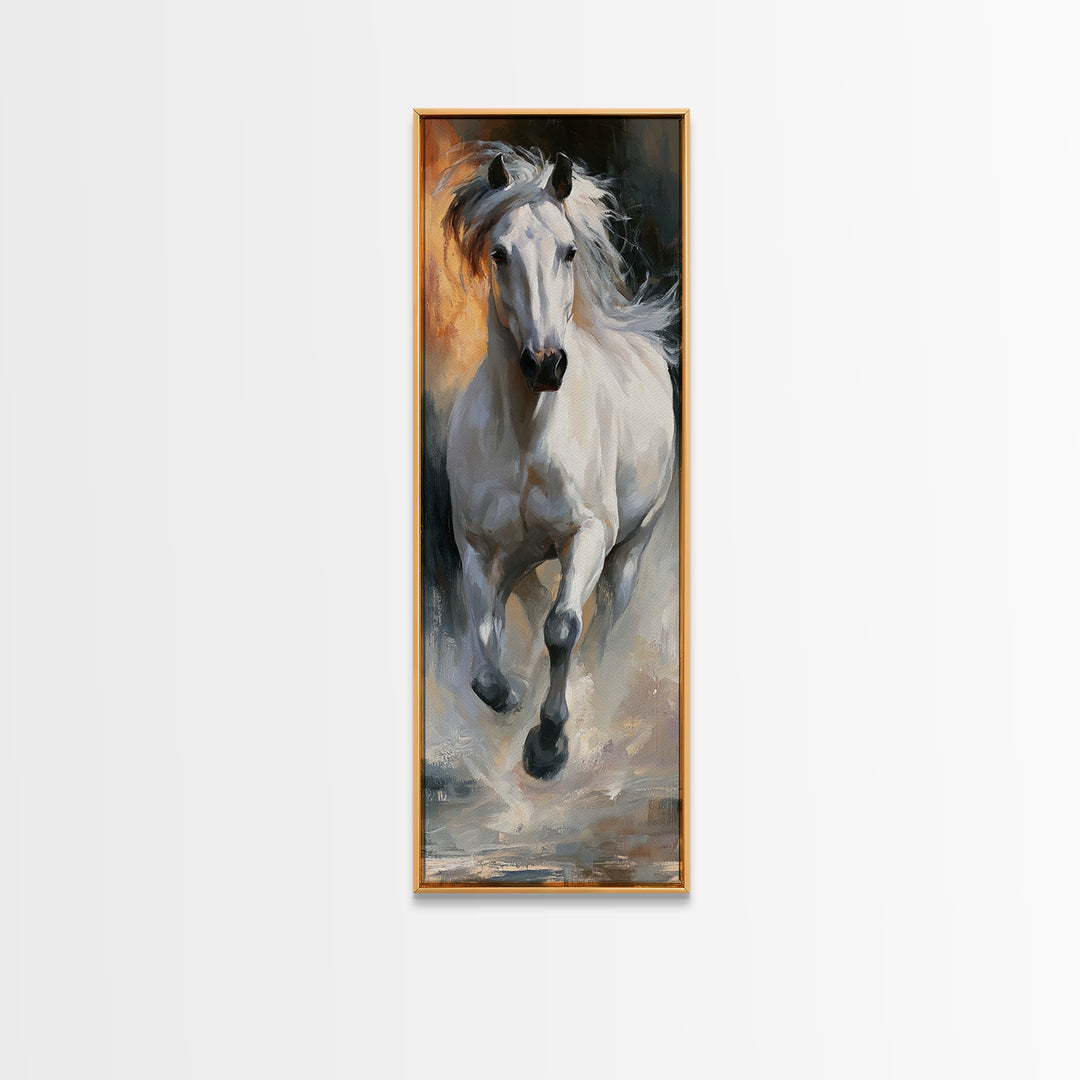 White Horse Running Through Shallow Water Canvas Print, Equestrian Art, Room Decor, Living Room Decor, Fine Art, Equestrian, EQU-1x3-17