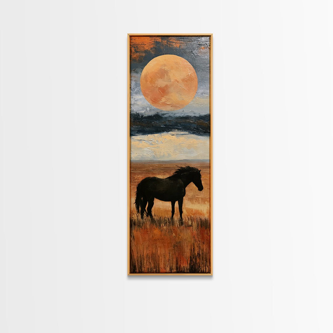 Horse Silhouette under a Huge Western Moon Framed Canvas Print, Equestrian Art, Living Room Decor, Oil Painting, Equestrian, EQU-1x3-76
