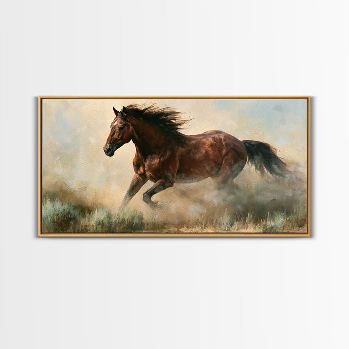 Galloping Horse in Golden Dust and Sunlight Canvas Print, Equestrian Art, Wall Art, Living Room Decor, Oil Painting, Equestrian, EQU-2x1-21