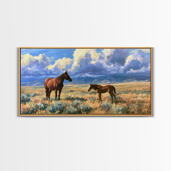 Horse and Foal Framed Canvas Print, Equestrian Art, Modern Wall Art, Living Room Decor, Oil Painting, Equestrian, Western Art, EQU-2x1-80