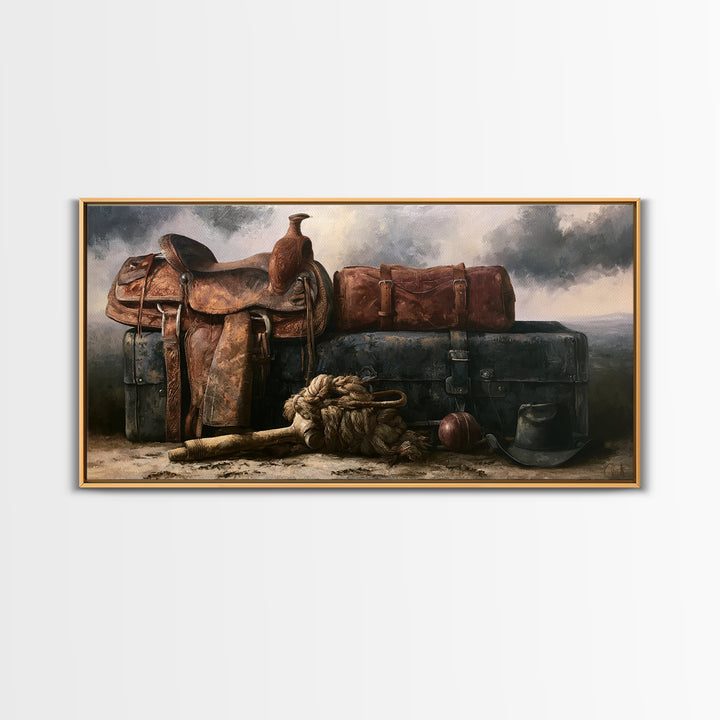 Stable Tools Arranged Like Old Master Still Framed Canvas Print, Equestrian Art, Large Wall Art, Living Room Decor, Equestrian, EQU-2x1-91