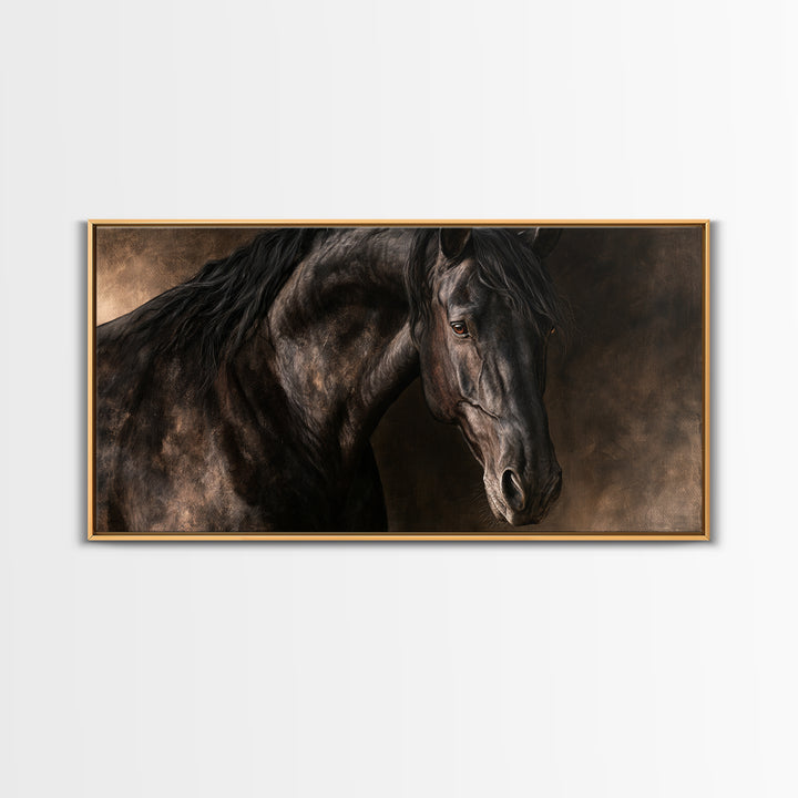 Black Horse Portrait on Deep Charcoal Background Canvas Print, Equestrian Art, Wall Decor, Living Room Decor, Equestrian, EQU-2x1-94