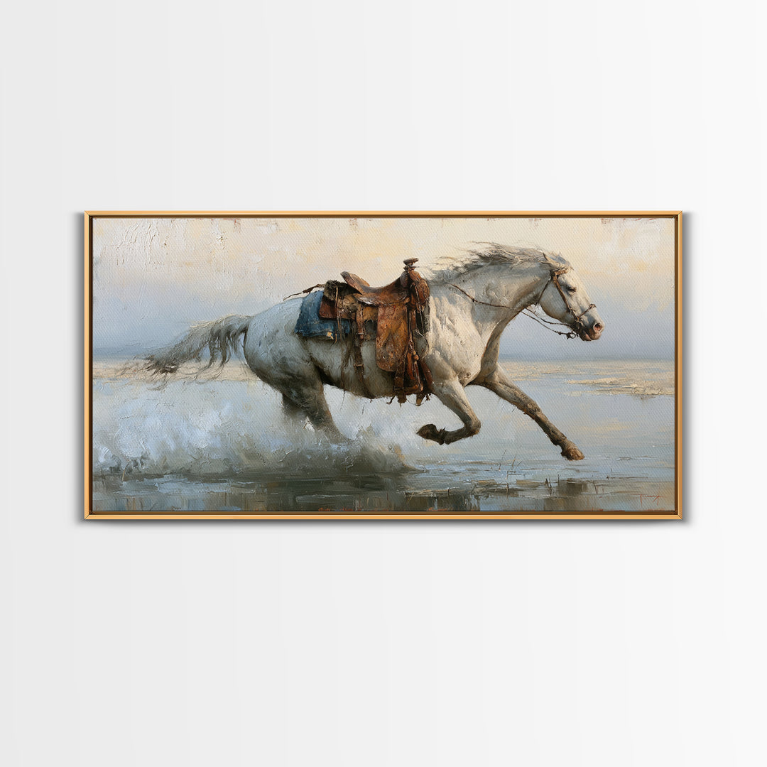 White Horse Running Through Shallow Water Framed Canvas Print, Equestrian Art, Living Room Decor, Fine Art, Equestrian, EQU-2x1-97