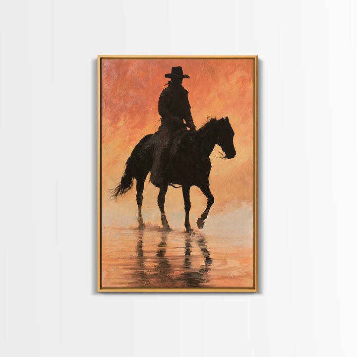 Equestrian Rider Silhouette at Sunrise Canvas Print, Equestrian Art, Antique Oil Painting, Living Room Decor, Abstract Art, EQU-2x3-11
