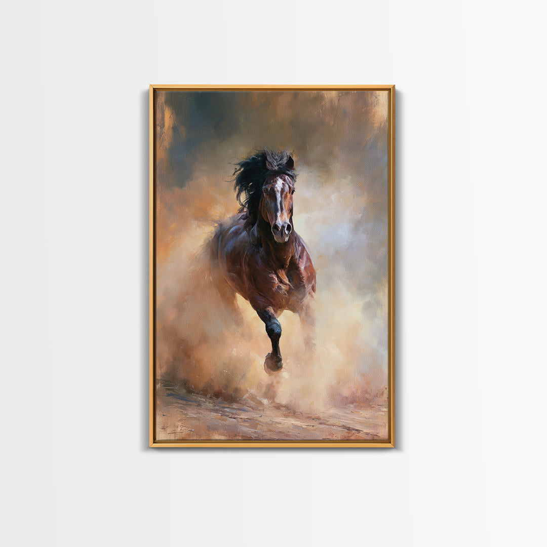 Galloping Horse in Golden Dust and Sunlight Canvas Print, Equestrian Art, Boho Wall Art, Living Room Decor, Oil Painting, EQU-2x3-57