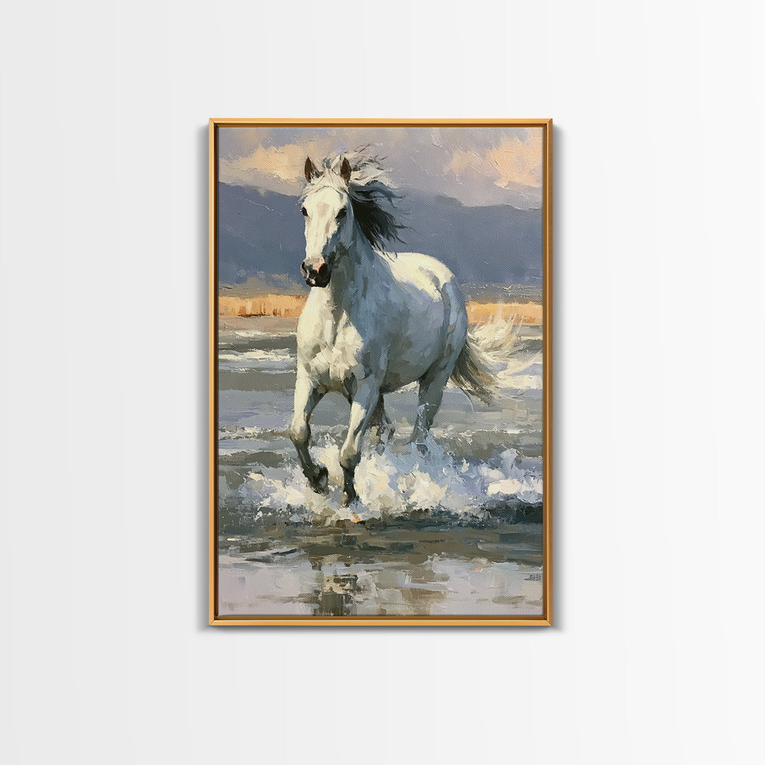White Horse Running Through Shallow Water Canvas Print, Equestrian Art, Digital Print, Living Room Decor, Fine Art, Equestrian, EQU-2x3-61