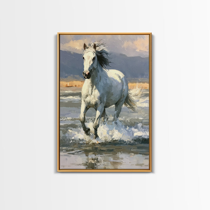 White Horse Running Through Shallow Water Canvas Print, Equestrian Art, Digital Print, Living Room Decor, Fine Art, Equestrian, EQU-2x3-61