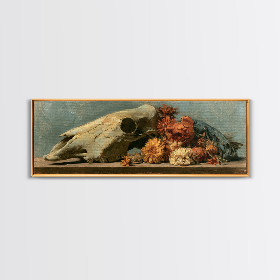 Horse Skull with Desert Flowers in Western Canvas Print, Equestrian Art, Modern Wall Art, Living Room Decor, Equestrian, EQU-3x1-37