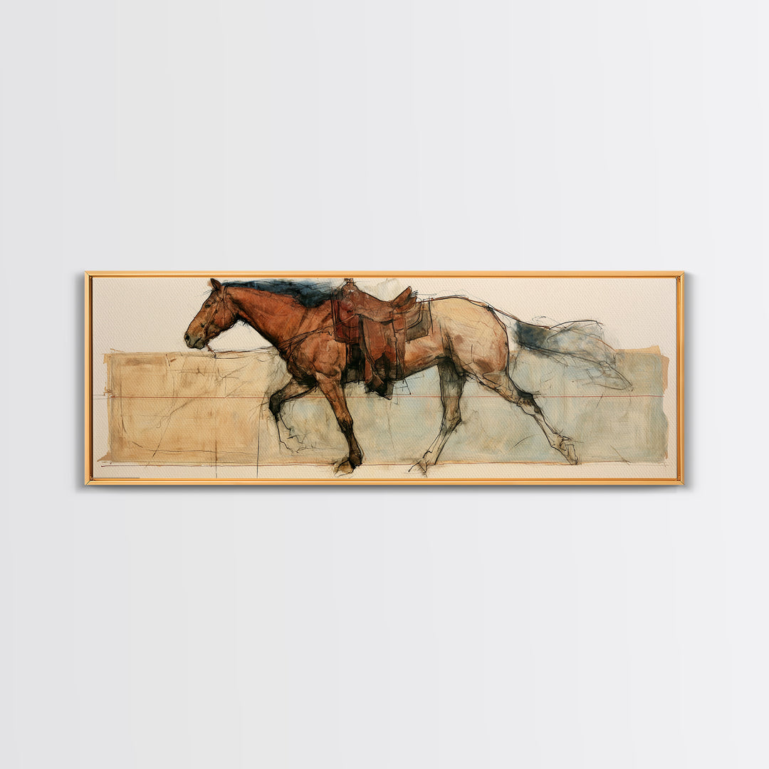 Minimal Horse Contour Drawing on Cream Paper Canvas Print, Equestrian Art, Digital Print, Living Room Decor, Equestrian, EQU-3x1-5