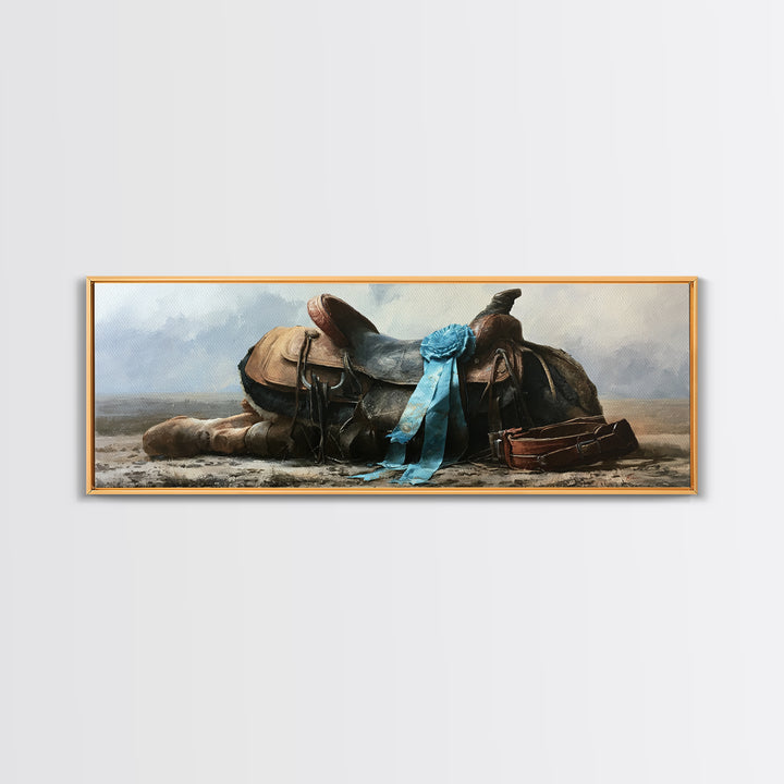 Blue Ribbon and Saddle Competition Still Life Canvas Print, Equestrian Art, Moody Wall Art, Living Room Decor, Equestrian, EQU-3x1-57