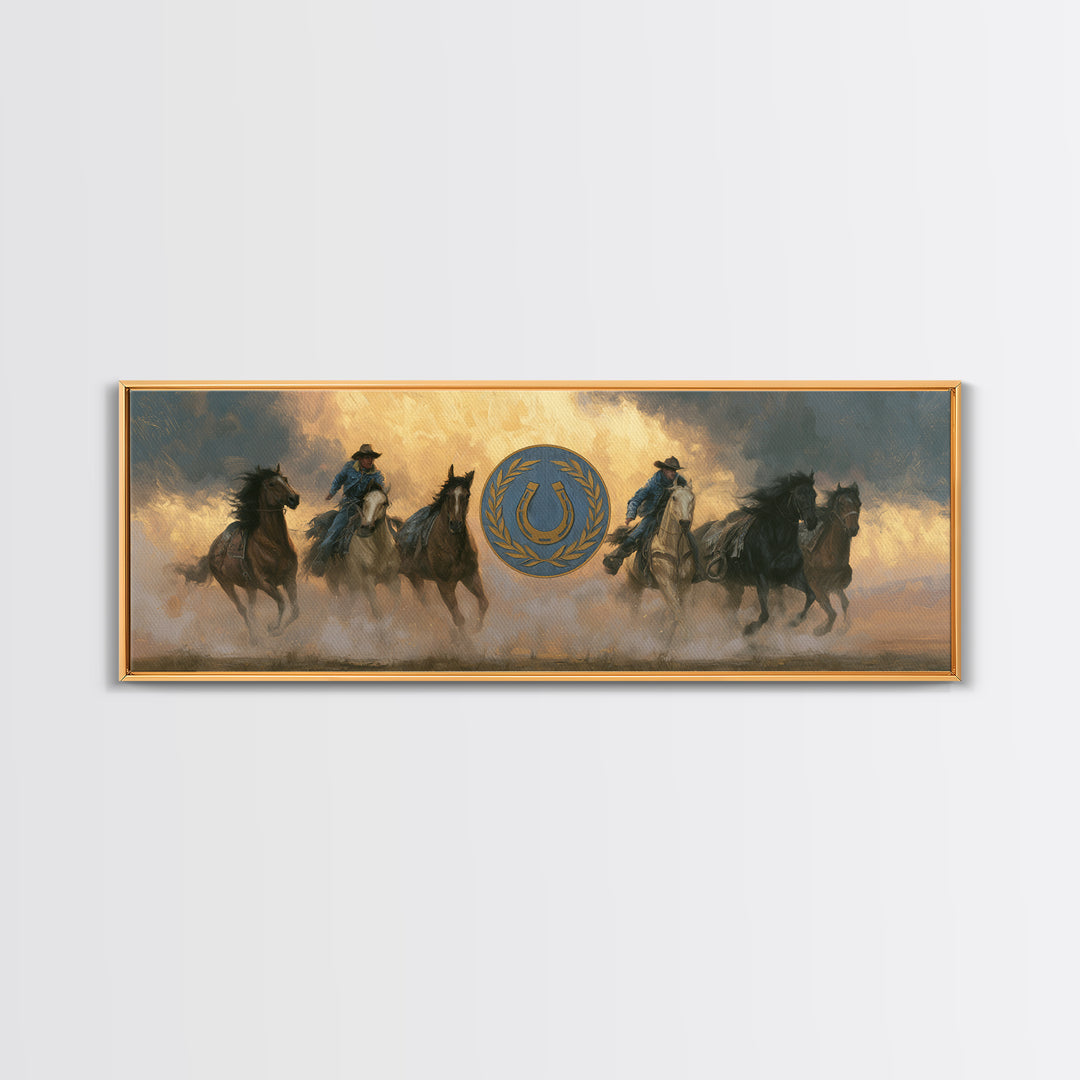 Equestrian Crest with Laurel and Horseshoe Canvas Print, Equestrian Art, Gallery Decor, Living Room Decor, Oil Painting, EQU-3x1-62