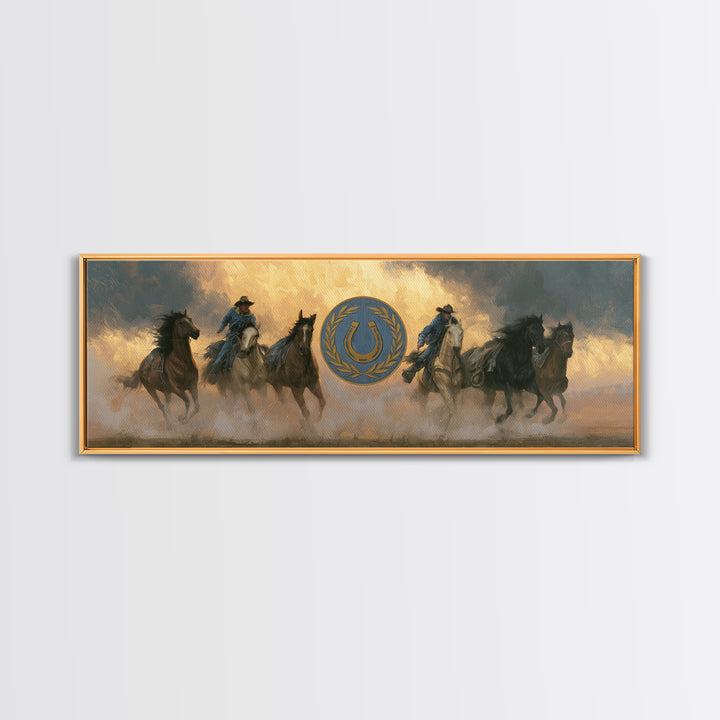 Equestrian Crest with Laurel and Horseshoe Canvas Print, Equestrian Art, Gallery Decor, Living Room Decor, Oil Painting, EQU-3x1-62