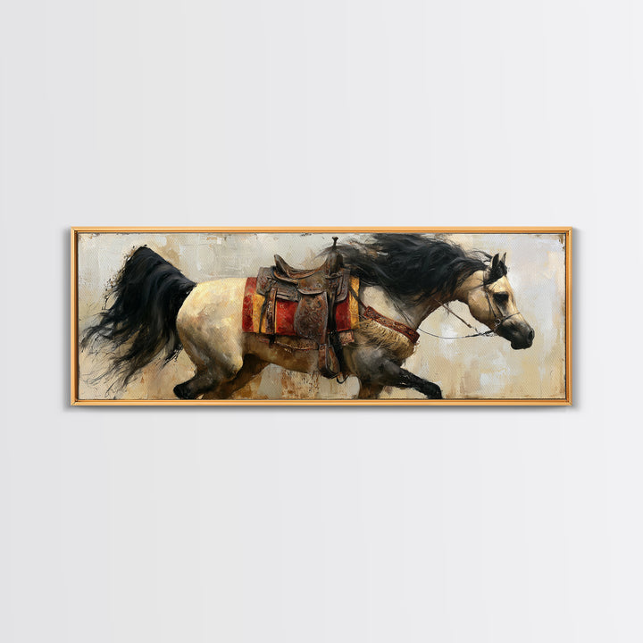 Arabian Horse with Ornate Tack and Silk Framed Canvas Print, Equestrian Art, Neutral Decor, Living Room Decor, Equestrian, EQU-3x1-7