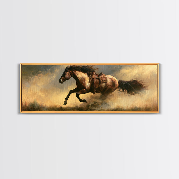 Galloping Horse in Golden Dust and Sunlight Canvas Print, Equestrian Art, Western Art, Living Room Decor, Equestrian, EQU-3x1-89