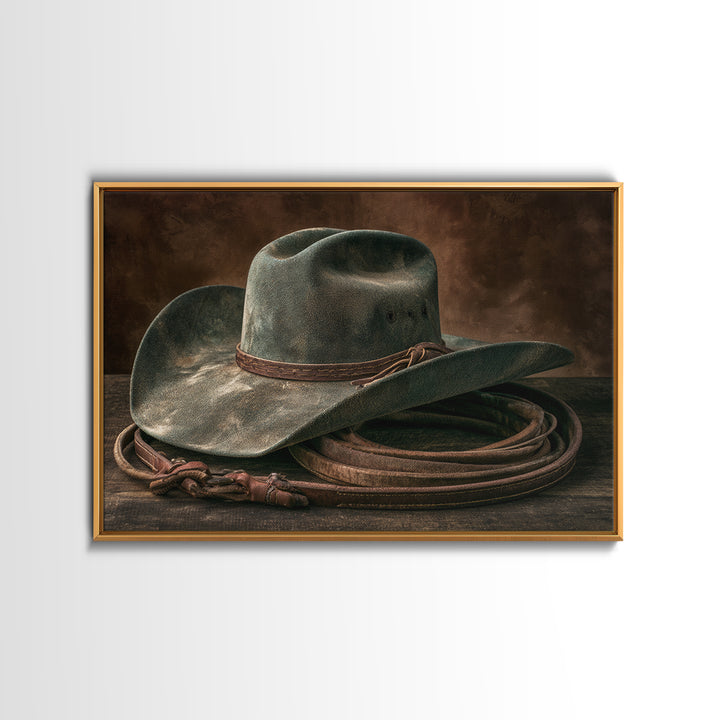 Cowgirl Hat and Reins Still Life Framed Canvas Print, Equestrian Art, Digital Print, Living Room Decor, Fine Art, Equestrian, EQU-3x2-15