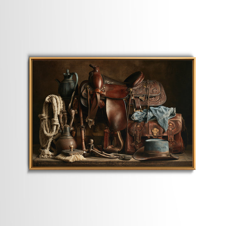 Stable Tools Arranged Like Old Master Still Canvas Print, Equestrian Art, Boho Wall Art, Living Room Decor, Equestrian, EQU-3x2-3