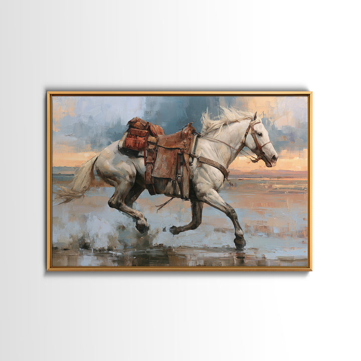 White Horse Running Through Shallow Water Canvas Print, Equestrian Art, Cabin Decor, Living Room Decor, Fine Art, Equestrian, EQU-3x2-33