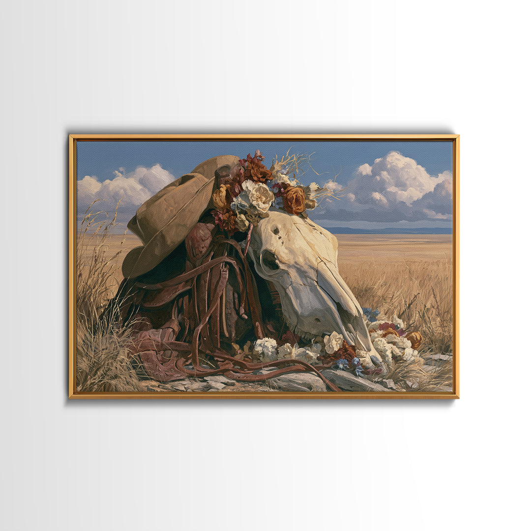 Horse Skull with Desert Flowers in Western Canvas Print, Equestrian Art, French Country Decor, Living Room Decor, Equestrian, EQU-3x2-49