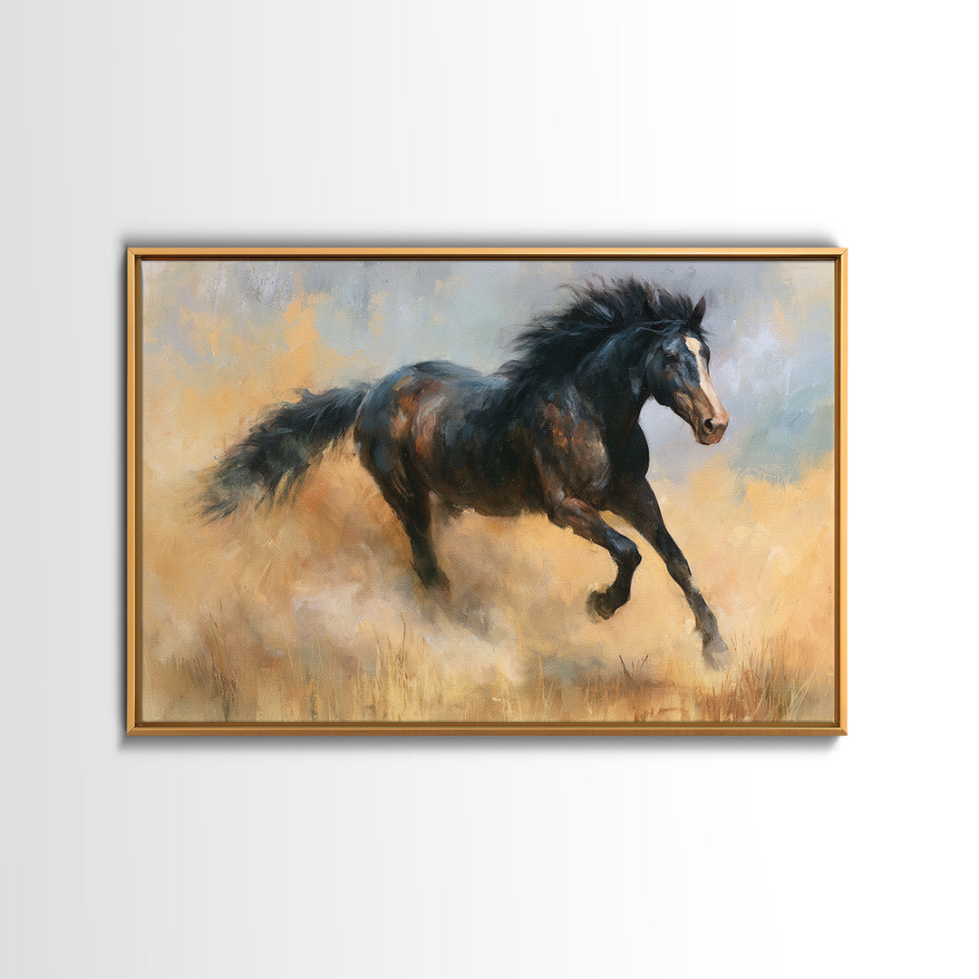 Galloping Horse in Golden Dust and Sunlight Canvas Print, Equestrian Art, Abstract Painting, Living Room Decor, Equestrian, EQU-3x2-5