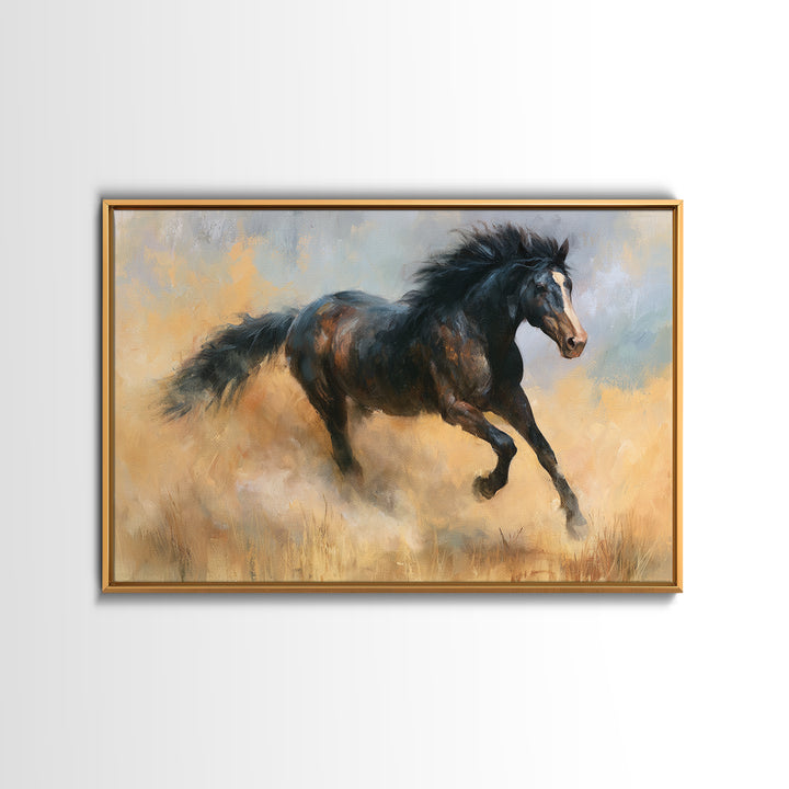 Galloping Horse in Golden Dust and Sunlight Canvas Print, Equestrian Art, Abstract Painting, Living Room Decor, Equestrian, EQU-3x2-5