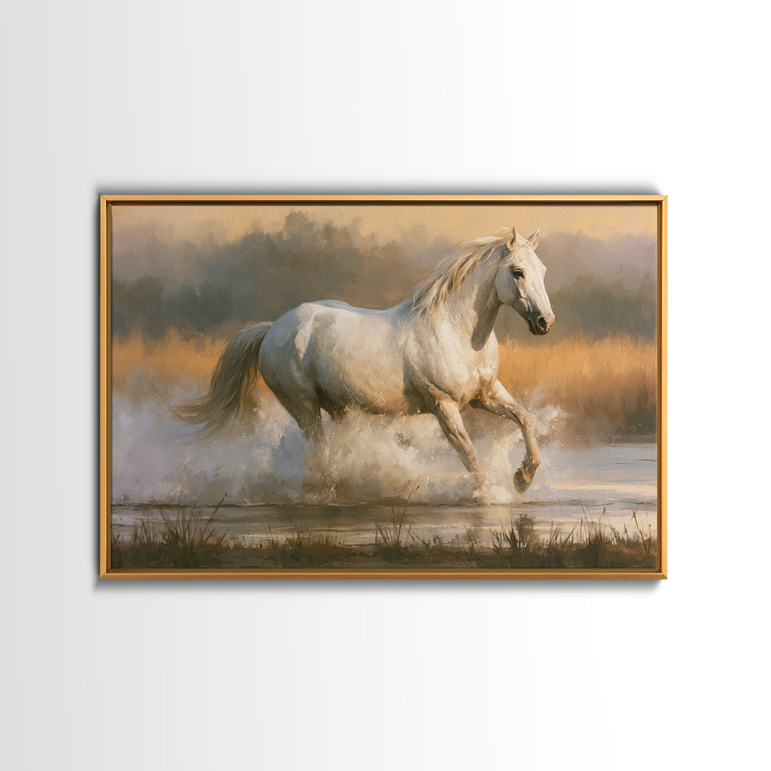 White Horse Running Through Shallow Water Canvas Print, Equestrian Art, Cabin Decor, Living Room Decor, Fine Art, Equestrian, EQU-3x2-57