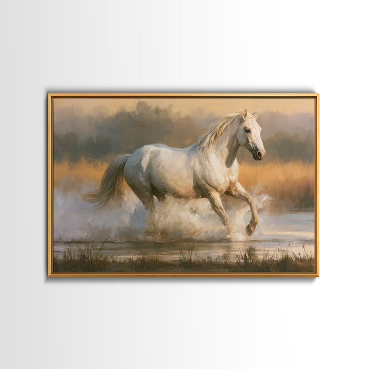 White Horse Running Through Shallow Water Canvas Print, Equestrian Art, Cabin Decor, Living Room Decor, Fine Art, Equestrian, EQU-3x2-57
