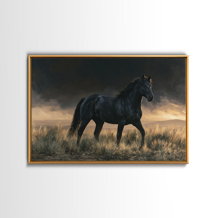 Black Horse Portrait on Deep Charcoal Background Canvas Print, Equestrian Art, Green Wall Art, Living Room Decor, Equestrian, EQU-3x2-78