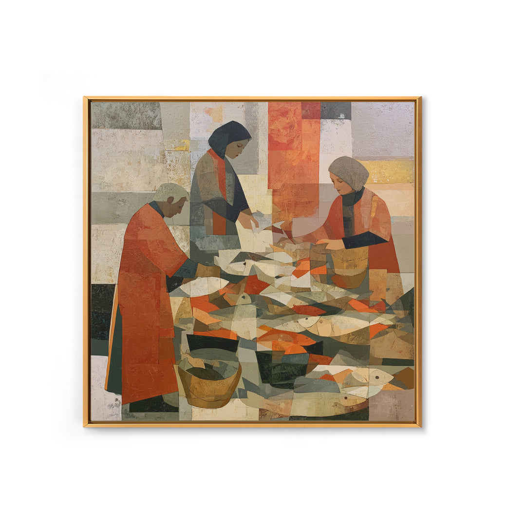 Fish Market Scene Framed Canvas Print, Expressionist Art, Minimalist Wall Art, Living Room Decor, Fine Art, Expression, EXP-1x1-46