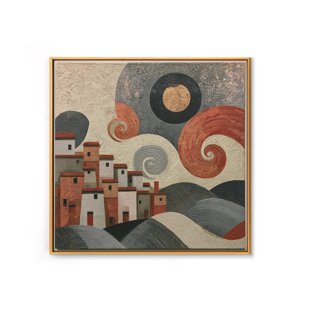 Moonlit Village with Swirling Unnatural Color Canvas Print, Expressionist Art, Moody Wall Art, Living Room Decor, Expression, EXP-1x1-84
