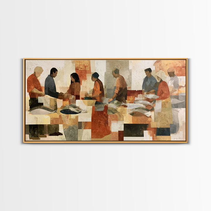 Fish Market Scene Framed Canvas Print, Expressionist Art, Room Decor, Living Room Decor, Abstract Art, Expression, EXP-2x1-18