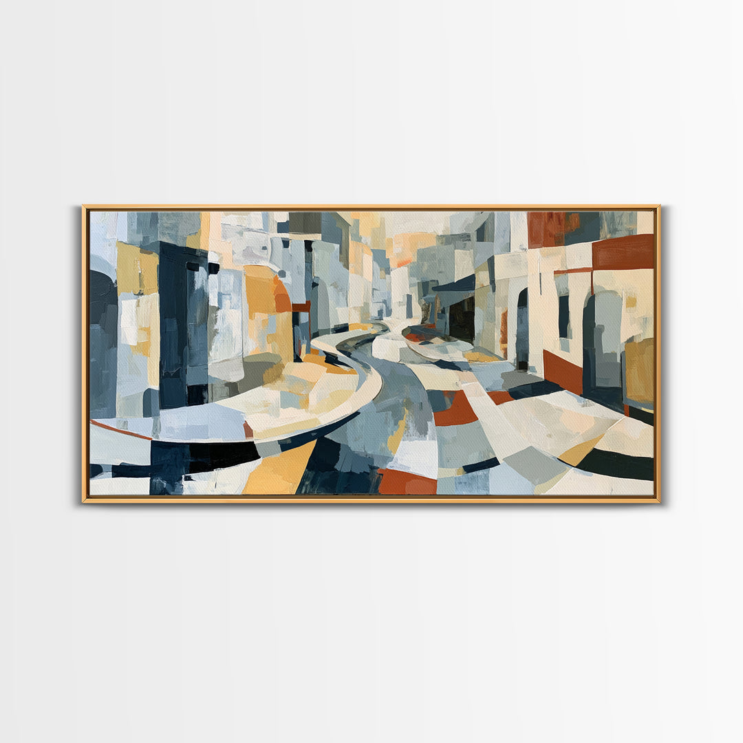 Distorted City Street Framed Canvas Print, Expressionist Art, Abstract Art, Living Room Decor, Expression, Blue Wall Art, EXP-2x1-45