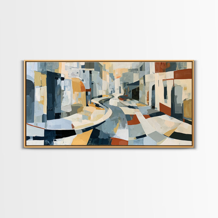 Distorted City Street Framed Canvas Print, Expressionist Art, Abstract Art, Living Room Decor, Expression, Blue Wall Art, EXP-2x1-45
