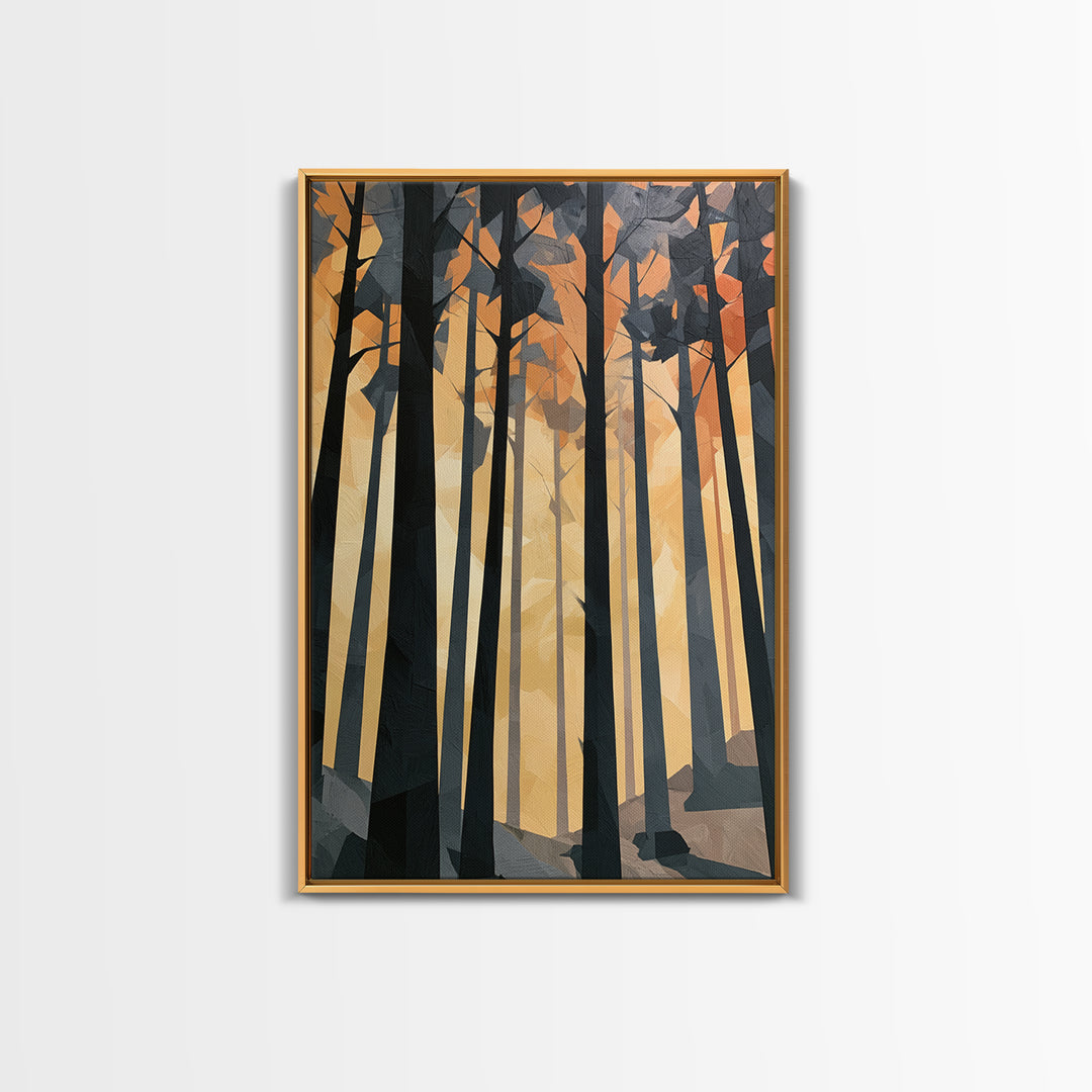 Dark Forest with Angular Trees and Yellow Canvas Print, Expressionist Art, Living Room Decor, Expression, Moody Wall Art, EXP-2x3-38