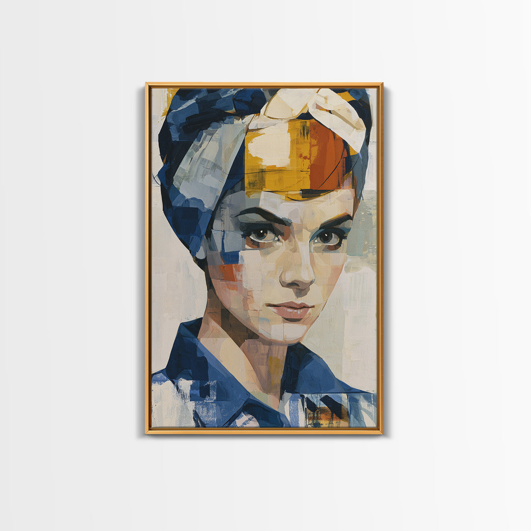 Woman in Blue with Dramatic Expressive Eyes Framed Canvas Print, Expressionist Art, Home Decor, Living Room Decor, Expression, EXP-2x3-48