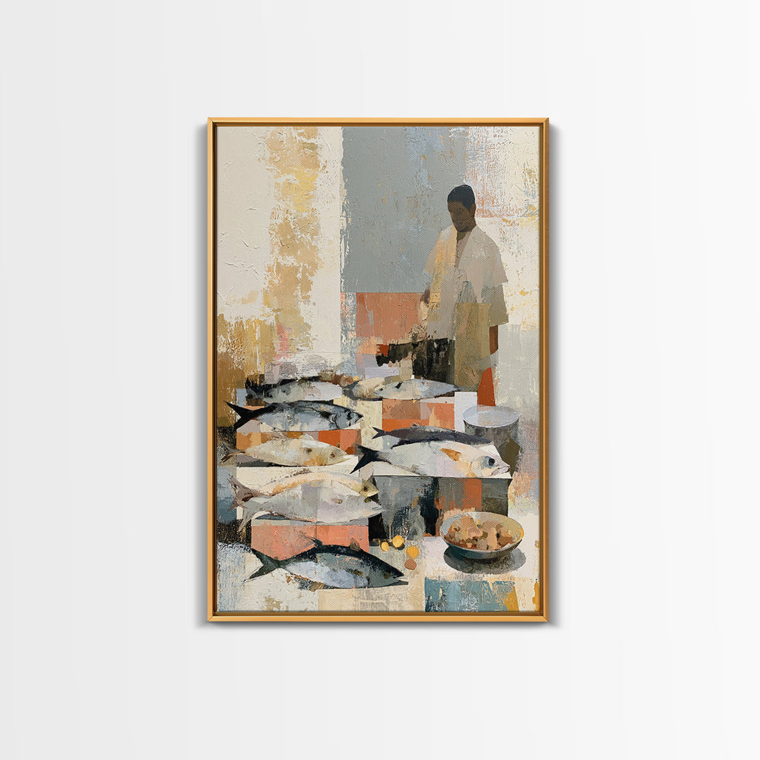Fish Market Scene Framed Canvas Print, Expressionist Art, Minimalist Decor, Living Room Decor, Fine Art, Expression, EXP-2x3-6