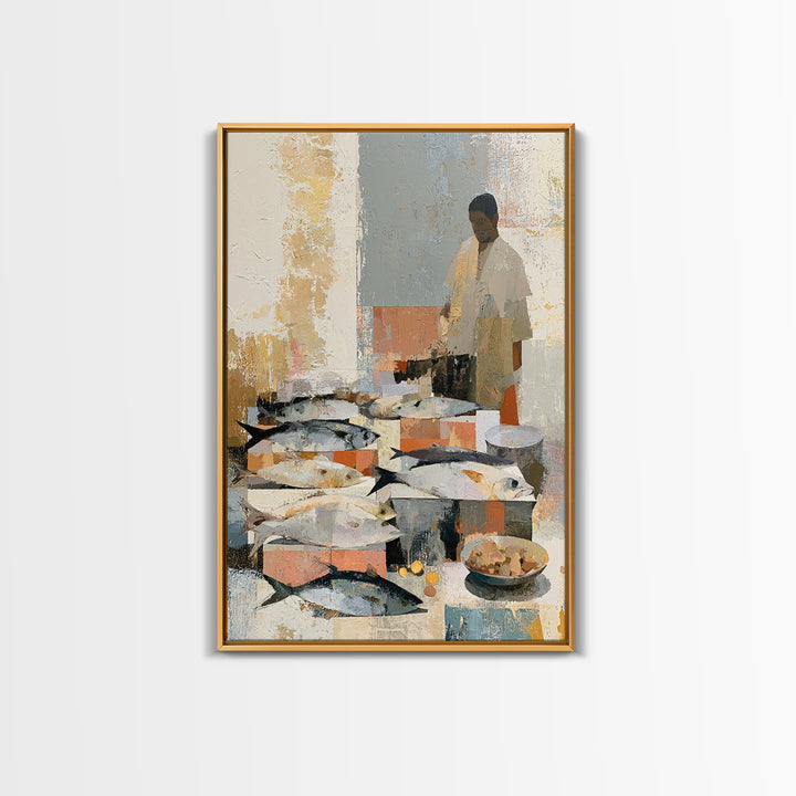 Fish Market Scene Framed Canvas Print, Expressionist Art, Minimalist Decor, Living Room Decor, Fine Art, Expression, EXP-2x3-6
