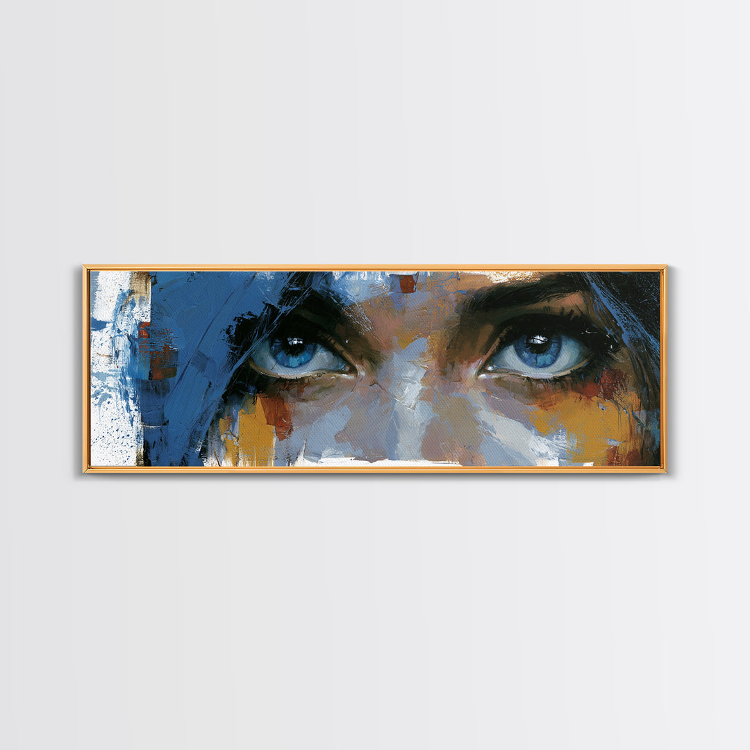 Woman in Blue with Dramatic Expressive Eyes Canvas Print, Expressionist Art, Colorful Wall Art, Living Room Decor, Expression, EXP-3x1-32