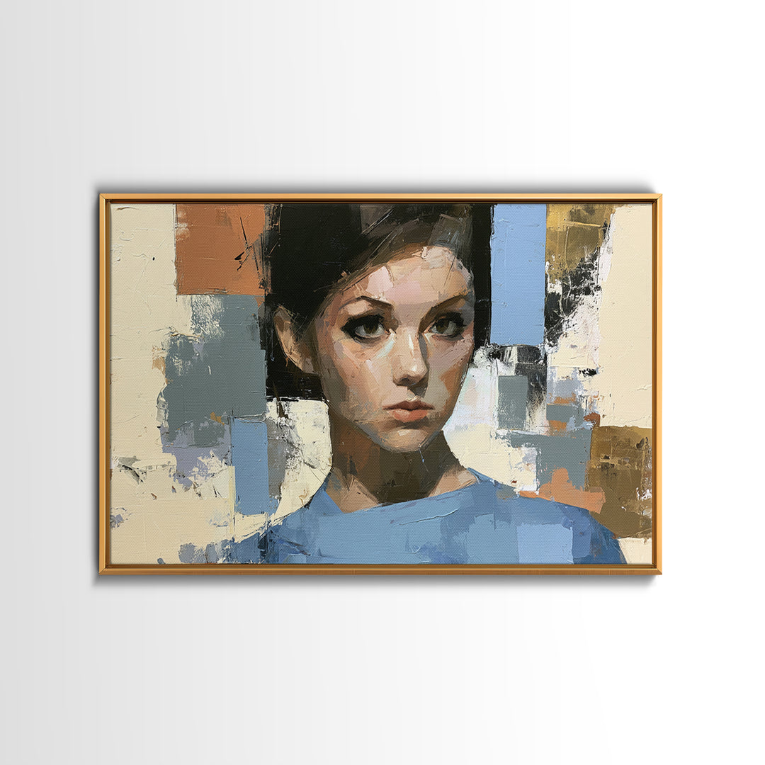Woman in Blue with Dramatic Expressive Eyes Canvas Print, Expressionist Art, Colorful Wall Art, Living Room Decor, Expression, EXP-3x2-44