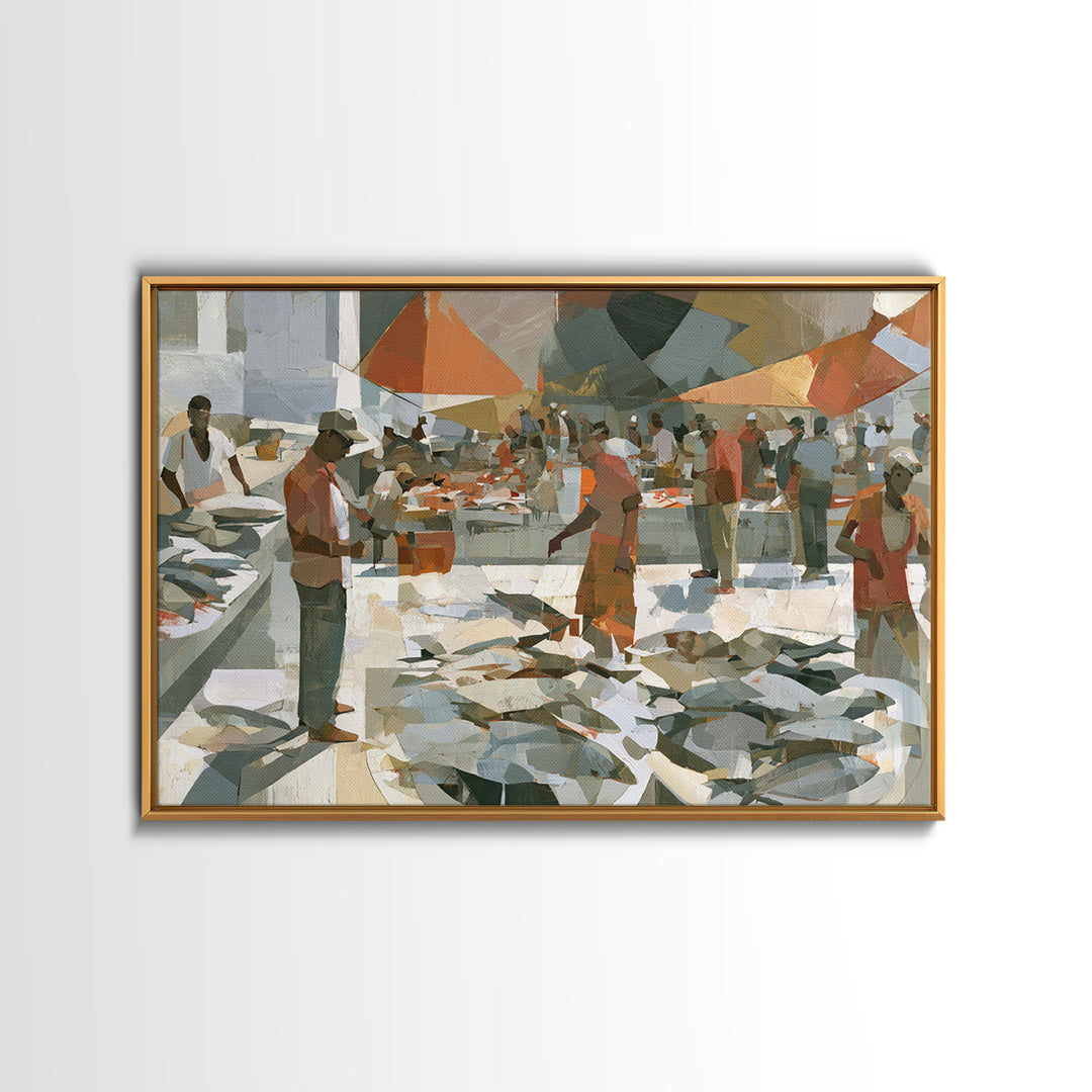 Fish Market Scene Framed Canvas Print, Expressionist Art, Modern Wall Art, Living Room Decor, Expression, Fine Art Print, EXP-3x2-50