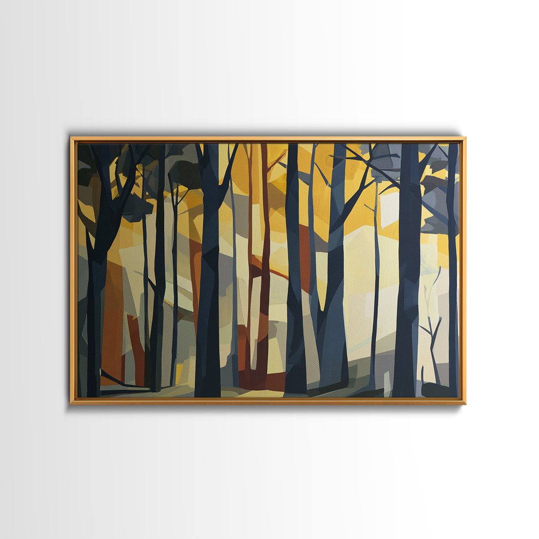 Dark Forest with Angular Trees and Yellow Canvas Print, Expressionist Art, Abstract Painting, Living Room Decor, Expression, EXP-3x2-58