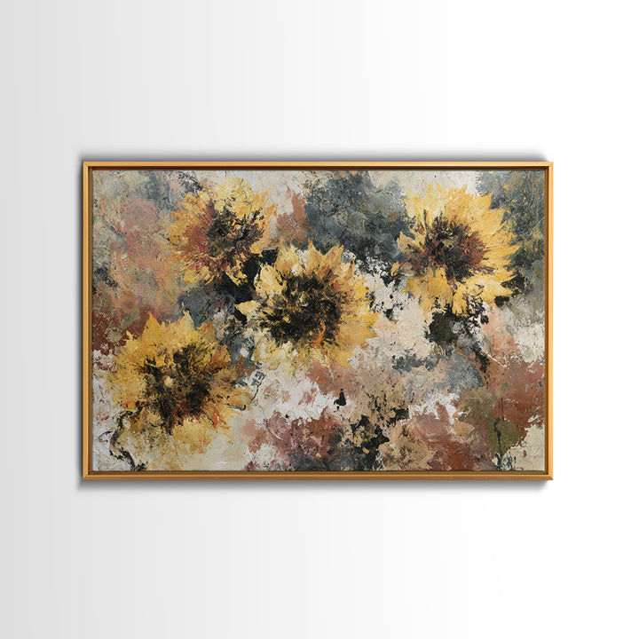 Sunflowers Twisting in Intense Painted Energy Canvas Print, Expressionist Art, Textured Painting, Living Room Decor, Expression, EXP-3x2-60
