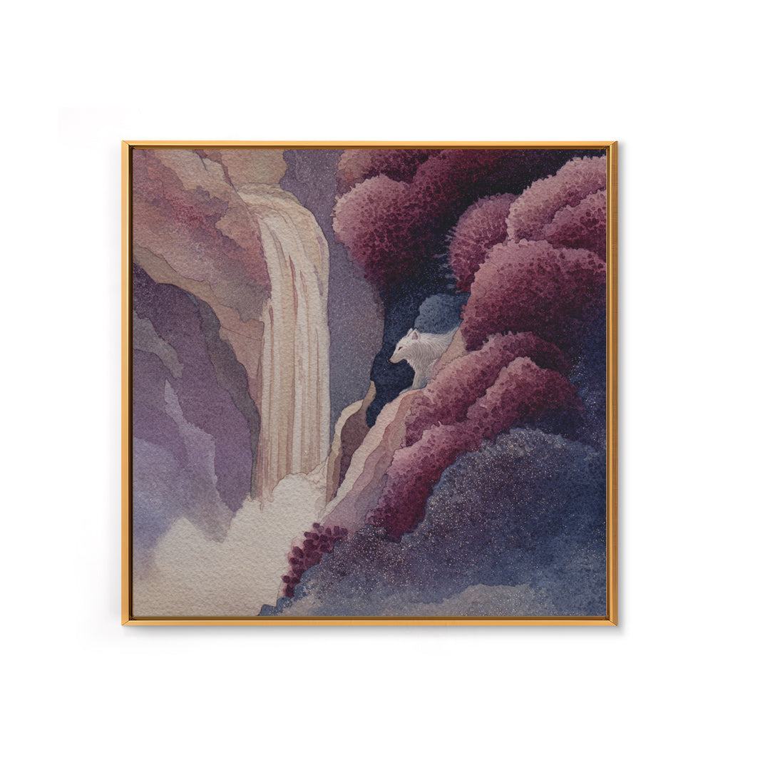 Mythic Waterfall Guarded by White Wolves Framed Canvas Print, Fantasy Art, Dragon Art, Living Room Decor, Watercolor Art, FAN-1x1-24