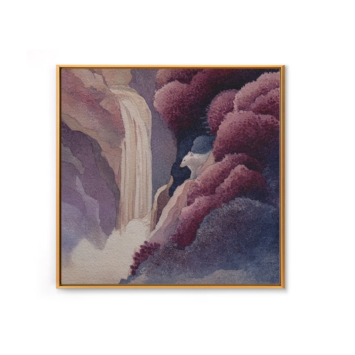 Mythic Waterfall Guarded by White Wolves Framed Canvas Print, Fantasy Art, Dragon Art, Living Room Decor, Watercolor Art, FAN-1x1-24