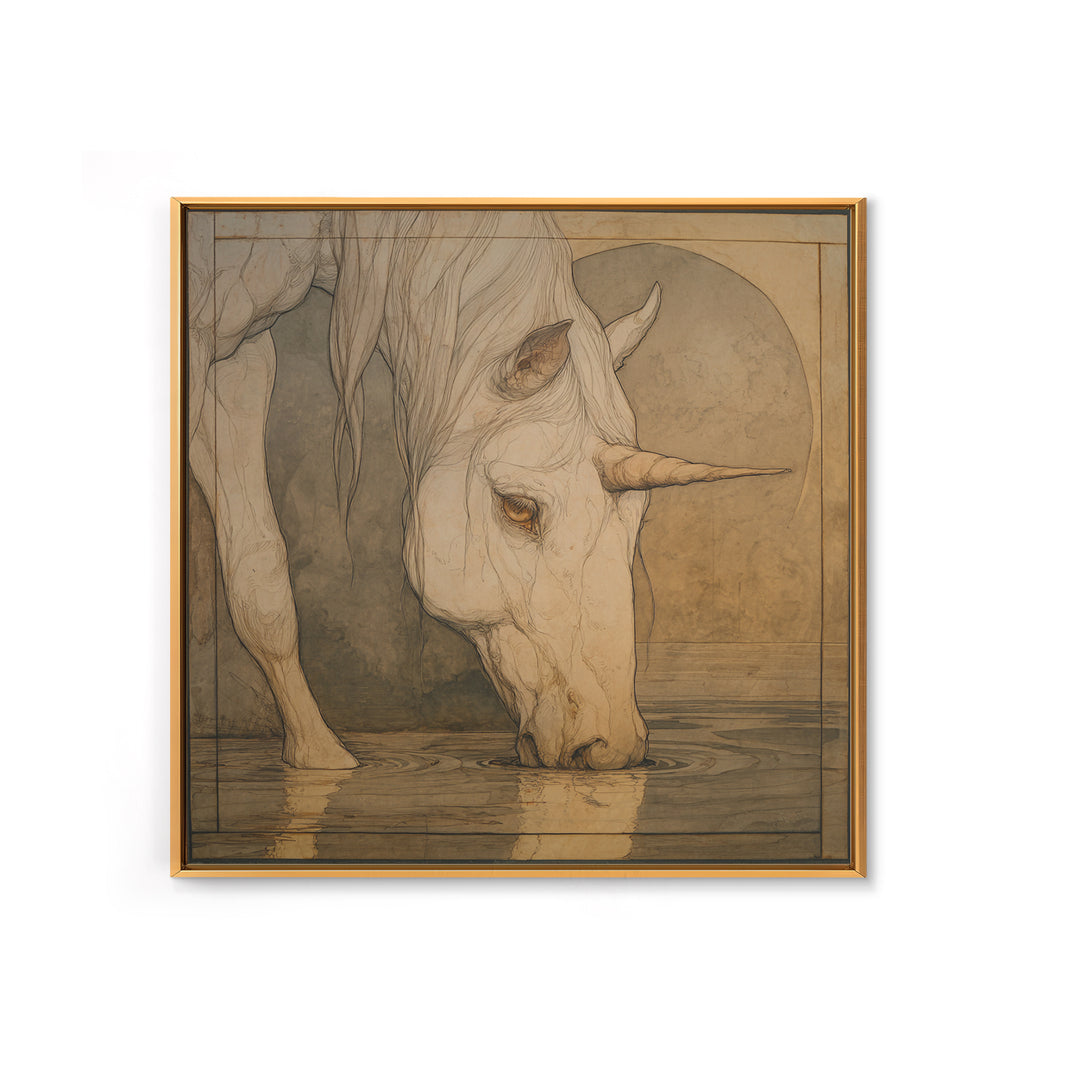 Unicorn Drinking from a Silver Stream Framed Canvas Print, Fantasy Art, Art Print, Living Room Decor, Fine Art, Mythic, FAN-1x1-40