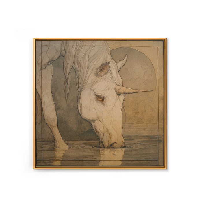 Unicorn Drinking from a Silver Stream Framed Canvas Print, Fantasy Art, Art Print, Living Room Decor, Fine Art, Mythic, FAN-1x1-40
