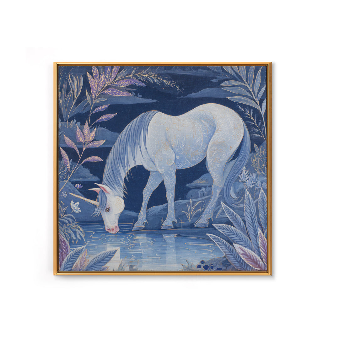 Unicorn Drinking from a Silver Stream Framed Canvas Print, Fantasy Art, Textured Painting, Living Room Decor, Fine Art, Mythic, FAN-1x1-88