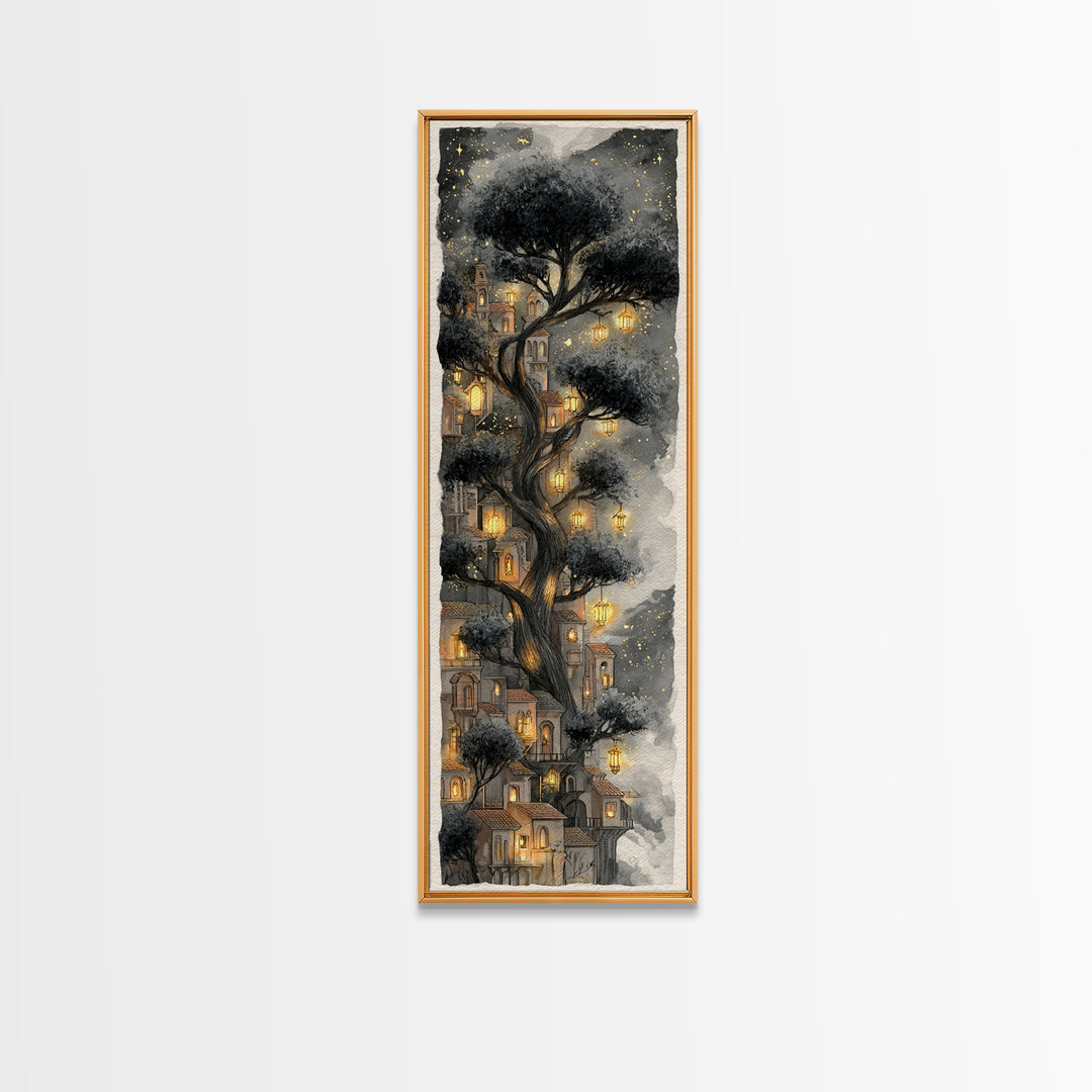 Forest Spirit with Antlers and Glowing Eyes Framed Canvas Print, Fantasy Art, Living Room Decor, Oil Painting, Mythic, FAN-1x3-24